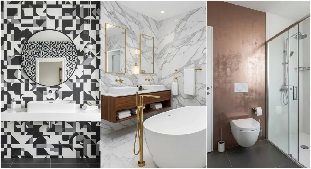 Bathroom collage showcasing geometric, marble-effect, and metallic wallpapers with modern fixtures.