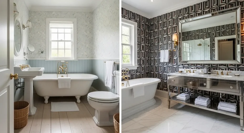 Comparison of small bathroom with pastel wallpaper and large bathroom with bold patterned wallpaper