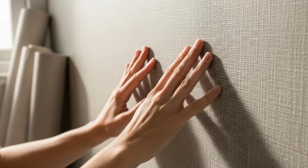Hands touching textured vinyl bathroom wallpaper with rolls in the background.