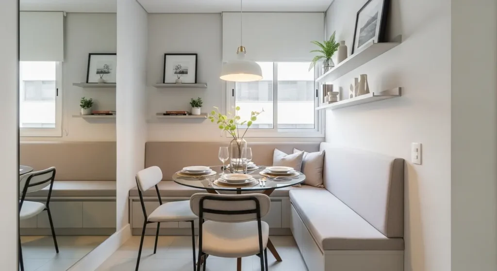 Modern small dining room design with space-saving furniture, mirror wall, and warm lighting creating an open stylish look.