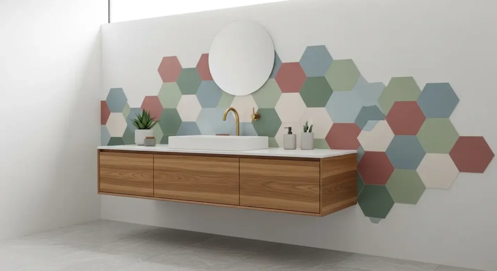 geometric hexagon tile wall in mid century modern bathroom