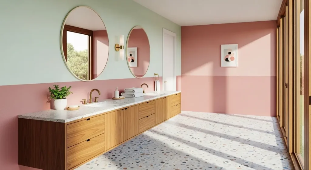 Mid Century Modern Bathroom Ideas and Design Guide mid century modern bathroom with teak wood floating vanity and terrazzo floor
