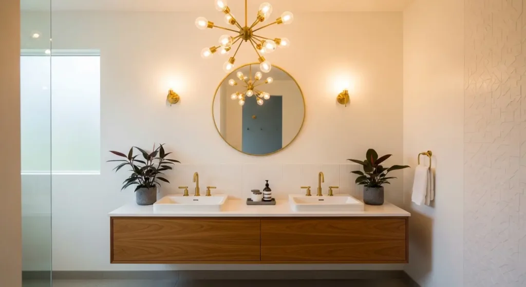 mid century modern bathroom with vintage lighting and round mirror