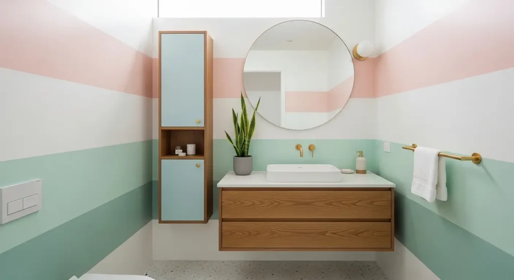 small mid century modern bathroom with floating vanity and terrazzo floor